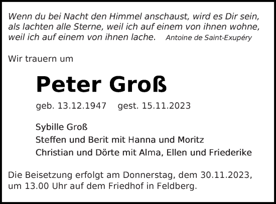 Traueranzeige von Peter Groß von Strelitzer Zeitung