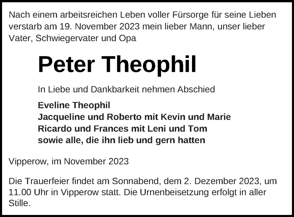  Traueranzeige für Peter Theophil vom 25.11.2023 aus Müritz-Zeitung