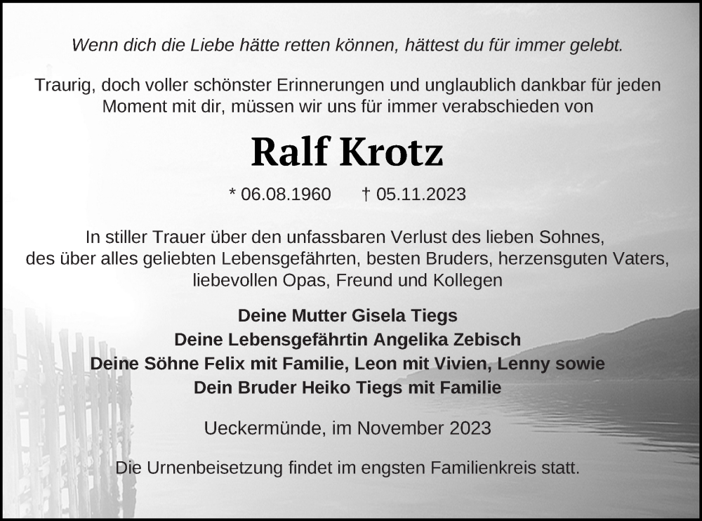  Traueranzeige für Ralf Krotz vom 18.11.2023 aus Haff-Zeitung