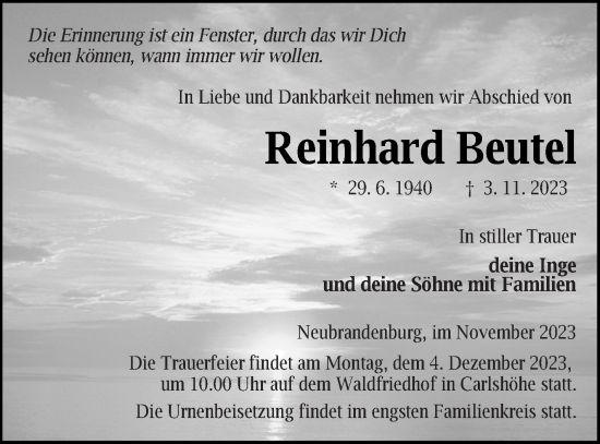 Traueranzeige von Reinhard Beutel von Neubrandenburger Zeitung