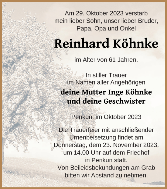 Traueranzeige von Reinhard Köhnke von Pasewalker Zeitung