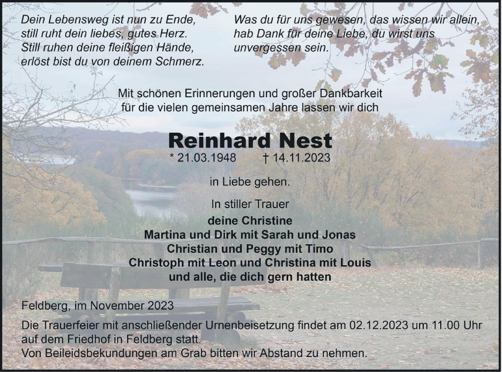  Traueranzeige für Reinhard Nest vom 18.11.2023 aus Strelitzer Zeitung
