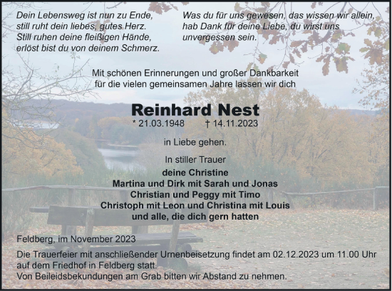 Traueranzeige von Reinhard Nest von Strelitzer Zeitung