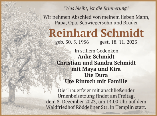 Traueranzeige von Reinhard Schmidt von Templiner Zeitung