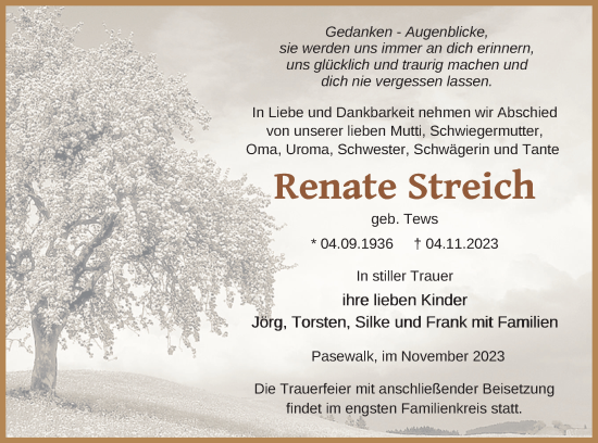 Traueranzeige von Renate Streich von Pasewalker Zeitung