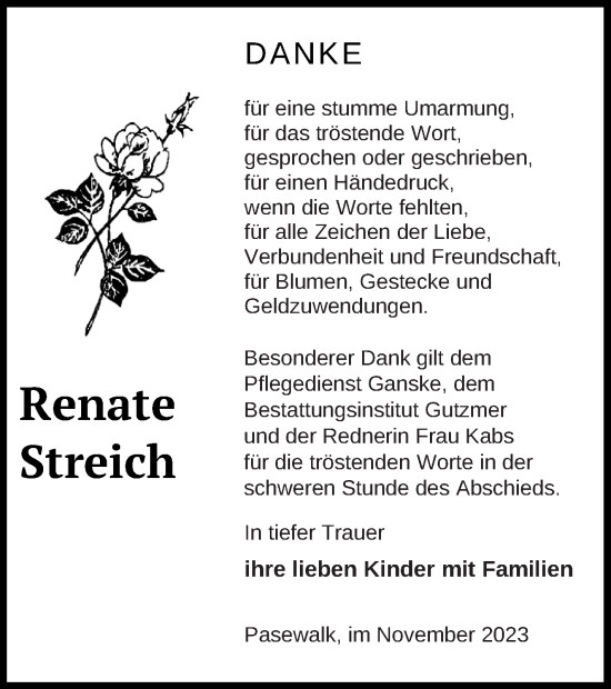 Traueranzeige von Renate Streich von Pasewalker Zeitung