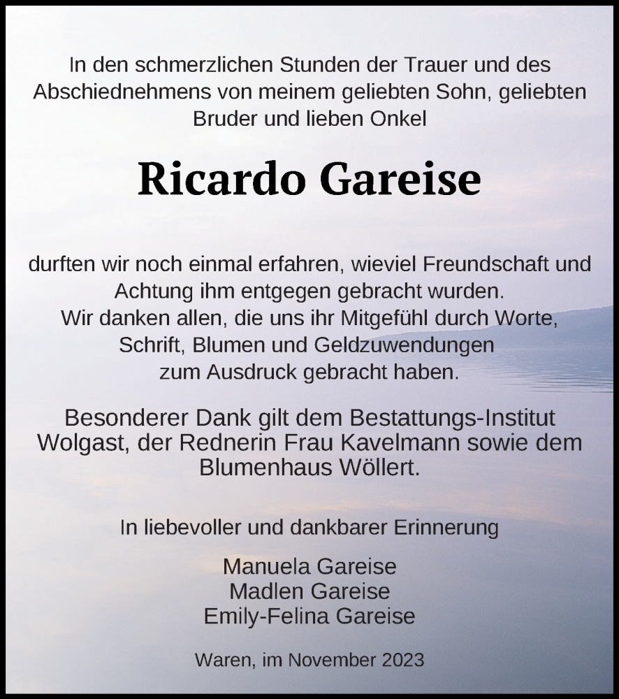  Traueranzeige für Ricardo Gareise vom 24.11.2023 aus Müritz-Zeitung