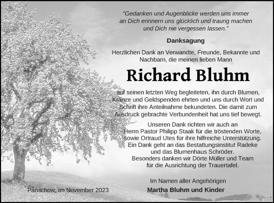 Traueranzeige von Richard Bluhm von Vorpommern Kurier