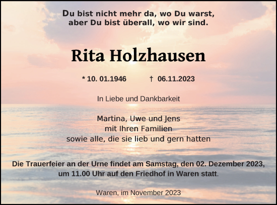 Traueranzeige von Rita Holzhausen von Müritz-Zeitung