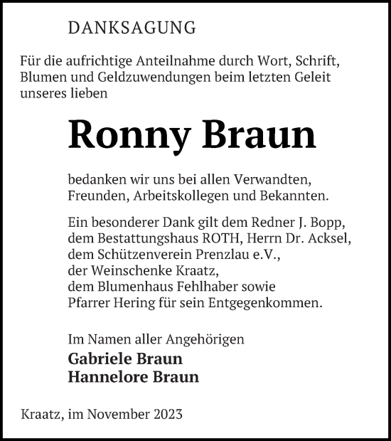 Traueranzeige von Ronny Braun von Prenzlauer Zeitung