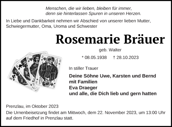 Traueranzeige von Rosemarie Bräuer von Prenzlauer Zeitung