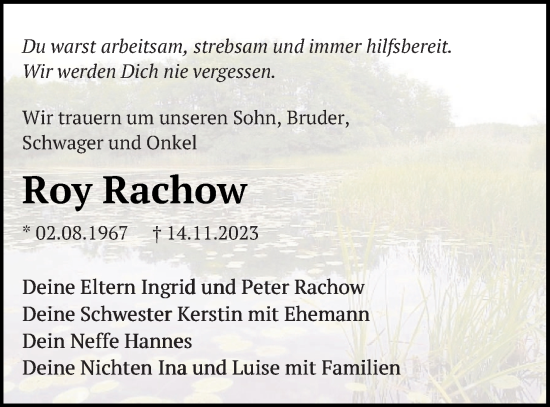 Traueranzeige von Roy Rachow von Mecklenburger Schweiz