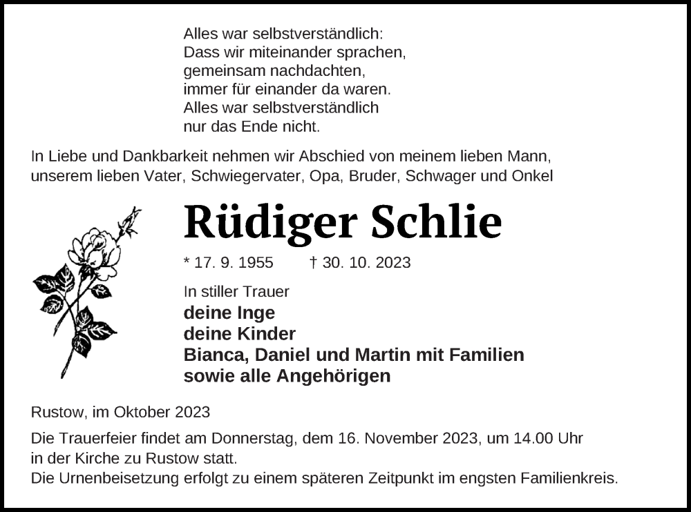  Traueranzeige für Rüdiger Schlie vom 03.11.2023 aus Vorpommern Kurier