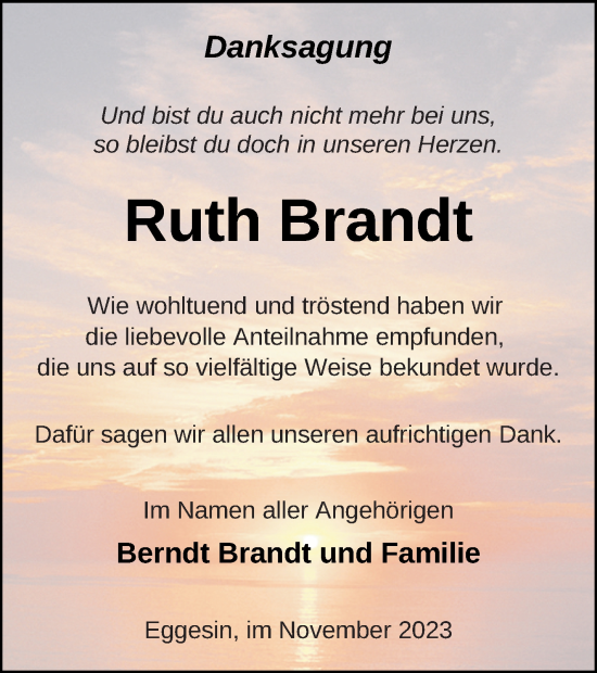 Traueranzeige von Ruth Brandt von Haff-Zeitung