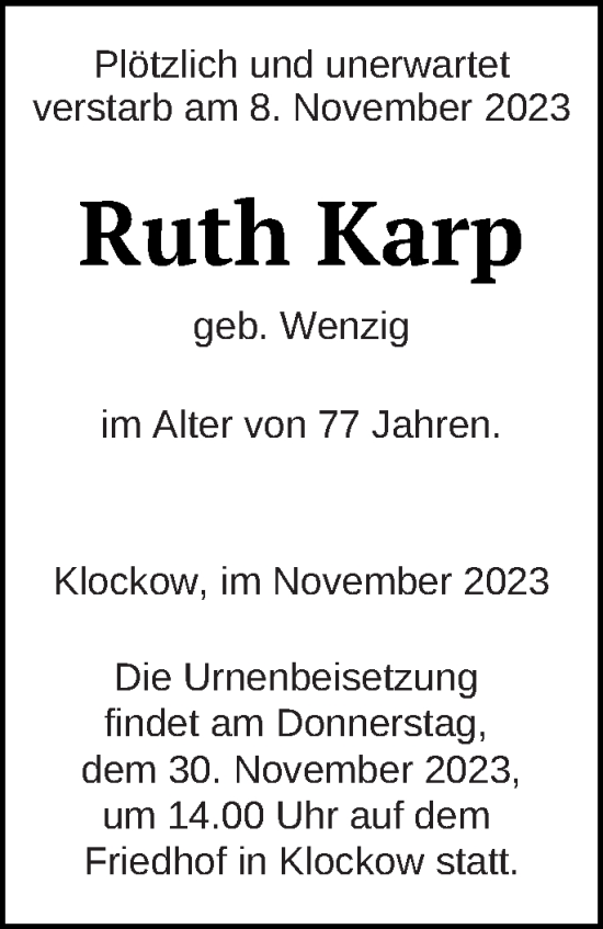 Traueranzeige von Ruth Karp von Prenzlauer Zeitung