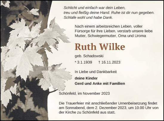 Traueranzeige von Ruth Wilke von Prenzlauer Zeitung