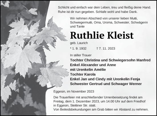 Traueranzeige von Ruthlie Kleist von Haff-Zeitung