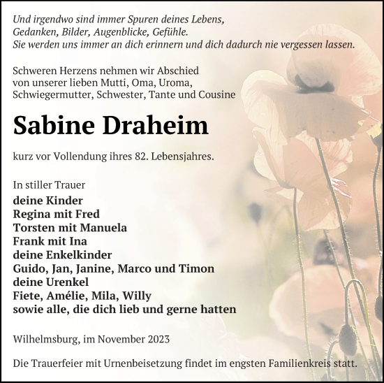 Traueranzeige von Sabine Draheim von Haff-Zeitung