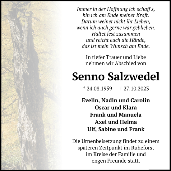 Traueranzeige von Senno Salzwedel von Müritz-Zeitung