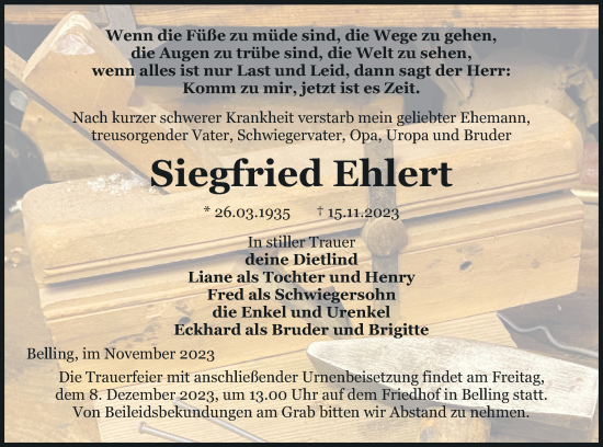 Traueranzeige von Siegfried Ehlert von Pasewalker Zeitung