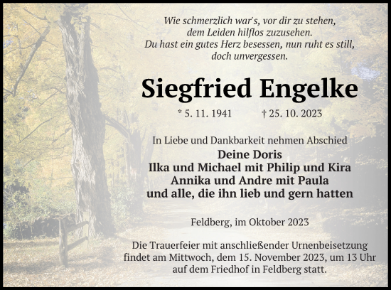 Traueranzeige von Siegfried Engelke von Strelitzer Zeitung