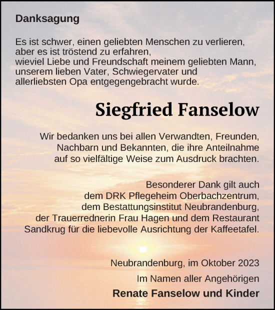 Traueranzeige von Siegfried Fanselow von Neubrandenburger Zeitung