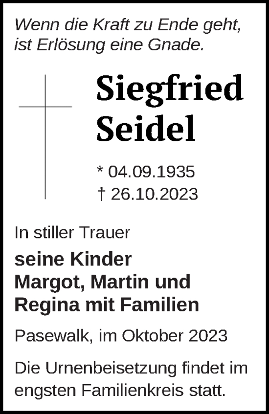 Traueranzeige von Siegfried Seidel von Pasewalker Zeitung