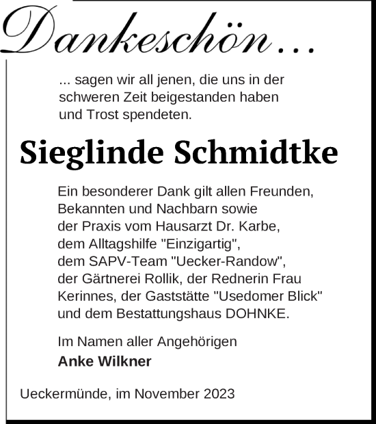 Traueranzeige von Sieglinde Schmidtke von Haff-Zeitung