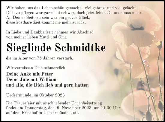 Traueranzeige von Sieglinde Schmidtke von Haff-Zeitung