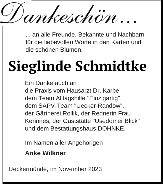Traueranzeige von Sieglinde Schmidtke von Haff-Zeitung