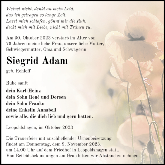 Traueranzeige von Siegrid Adam von Haff-Zeitung