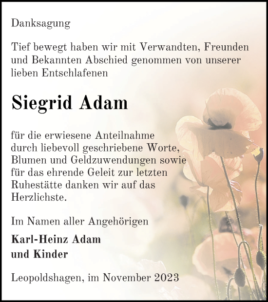 Traueranzeige von Siegrid Adam von Haff-Zeitung