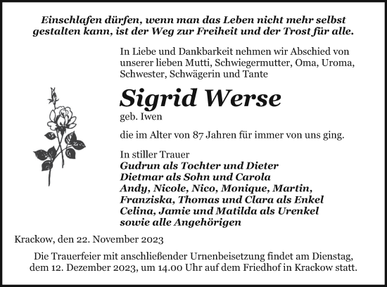 Traueranzeige von Sigrid Werse von Pasewalker Zeitung