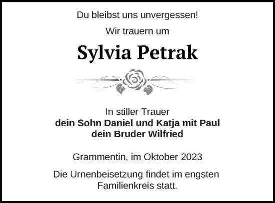 Traueranzeige von Sylvia Petrak von Mecklenburger Schweiz