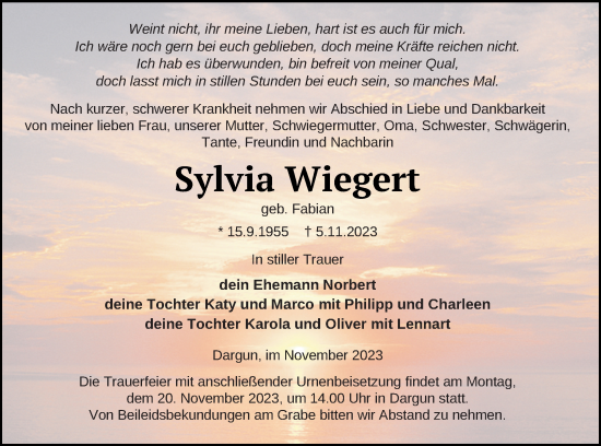 Traueranzeige von Sylvia Wiegert von Mecklenburger Schweiz