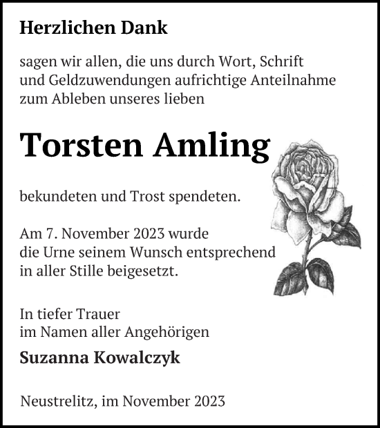 Traueranzeige von Torsten Amling von Strelitzer Zeitung