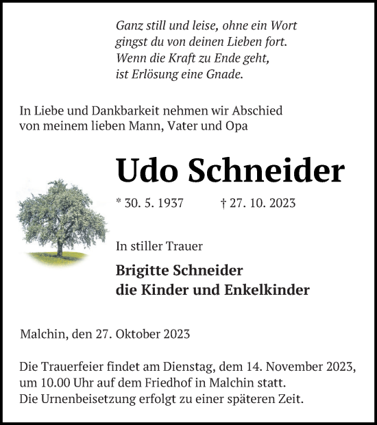 Traueranzeige von Udo Schneider von Mecklenburger Schweiz