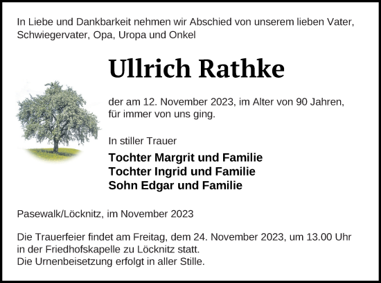 Traueranzeige von Ullrich Rathke von Pasewalker Zeitung