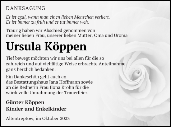 Traueranzeige von Ursula Köppen von Neubrandenburger Zeitung