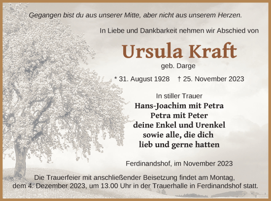 Traueranzeige von Ursula Kraft von Haff-Zeitung