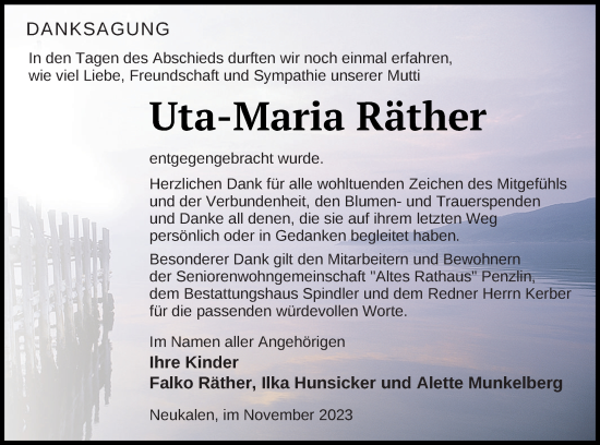 Traueranzeige von Uta-Maria Räther von Mecklenburger Schweiz