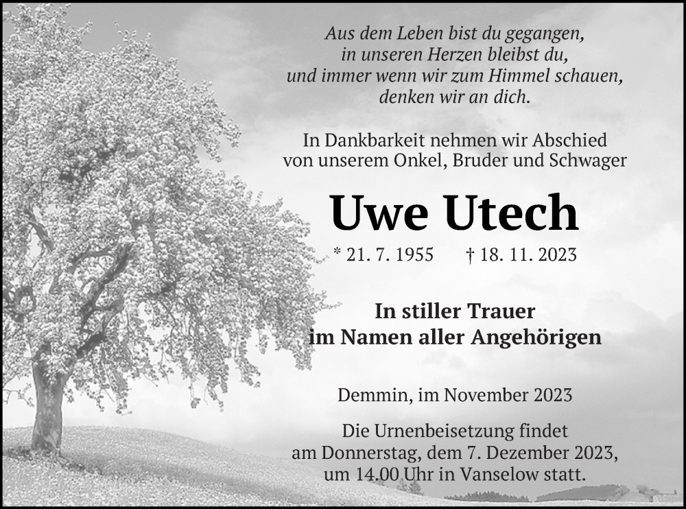  Traueranzeige für Uwe Utech vom 24.11.2023 aus Demminer Zeitung