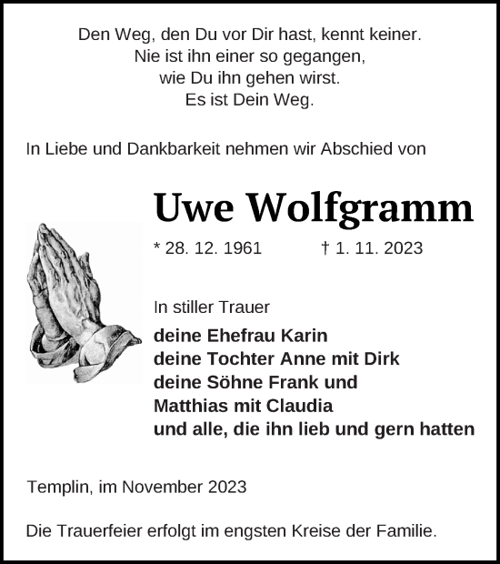 Traueranzeige von Uwe Wolfgramm von Templiner Zeitung
