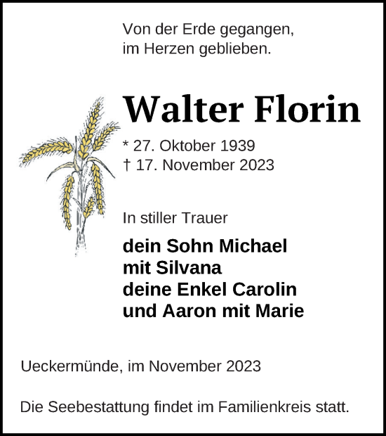 Traueranzeige von Walter Florin von Haff-Zeitung
