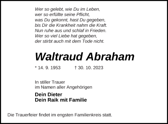 Traueranzeige von Waltraud Abraham von Müritz-Zeitung