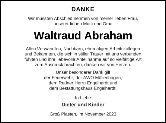 Traueranzeige von Waltraud Abraham von Müritz-Zeitung