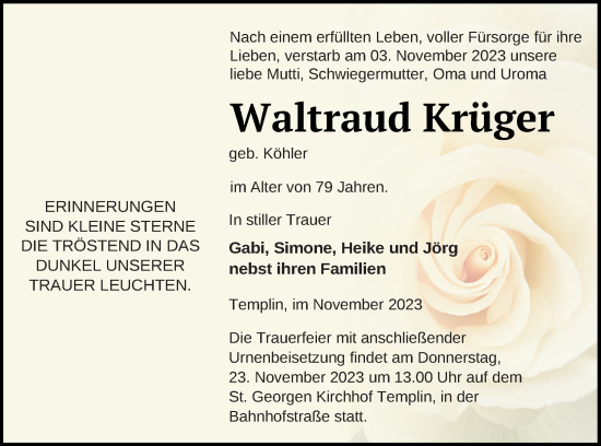 Traueranzeige von Waltraud Krüger von Templiner Zeitung