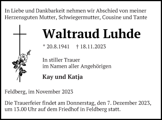 Traueranzeige von Waltraud Luhde von Strelitzer Zeitung