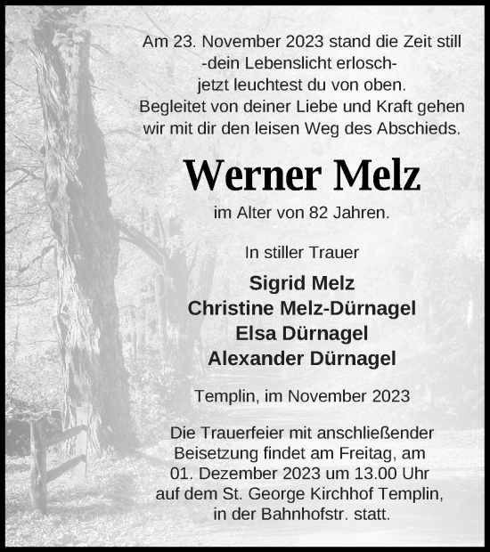 Traueranzeige von Werner Melz von Templiner Zeitung
