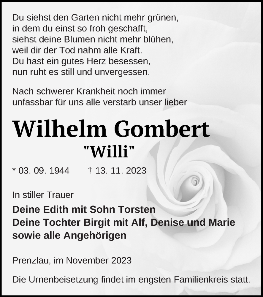  Traueranzeige für Wilhelm Gombert vom 18.11.2023 aus Prenzlauer Zeitung